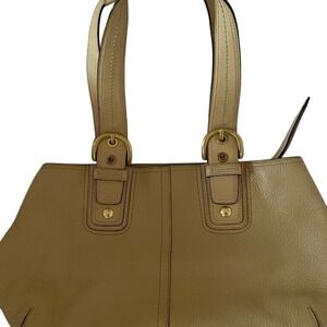 Coach Leather Tote Bag Beige Gold Buckle Double Strap Shoulder Handbag Purse